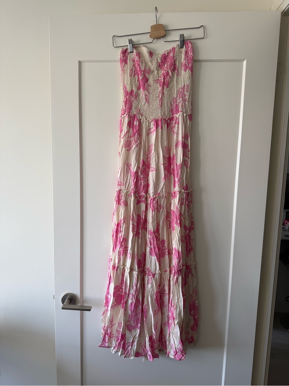 Strapless Pink Floral Maxi Dress - Cream & Pink